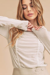 Aemi + Co Ruched Front Round Neck Long Sleeve T-Shirt OutfitFlow
